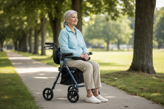 Senior adult sitting comfortably on Nova Forté 23 rolling walker seat